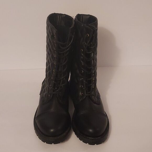 Combat Boots Motorcycle Boots Black Quilted Lace-Up  Size 7 Lug Sole - Picture 8 of 11